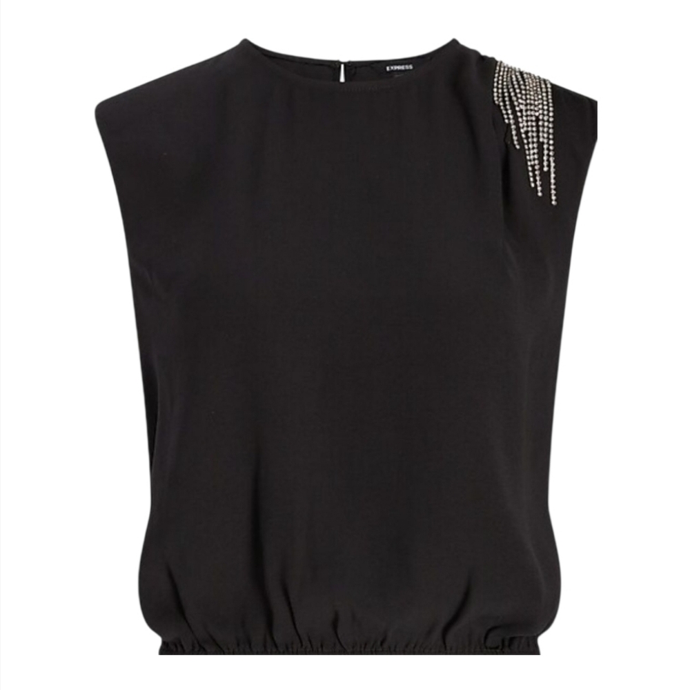 Express Y2K Cropped Sleeveless Black Date-Night Shirt Rhinestone Tassel Size M